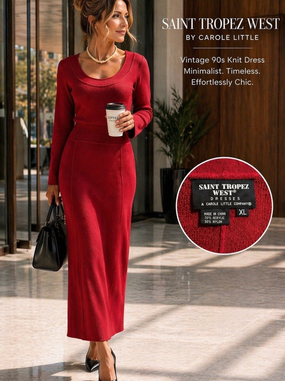 Saint Tropez West Dress Carole Little Red weighted Knit 90s,Resort,Chic Size XL
